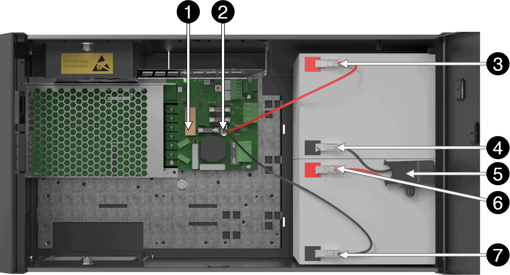 Connection of batteries in FLX S. Motherboards may differ depending on the configuration, but connection of batteries is the same.