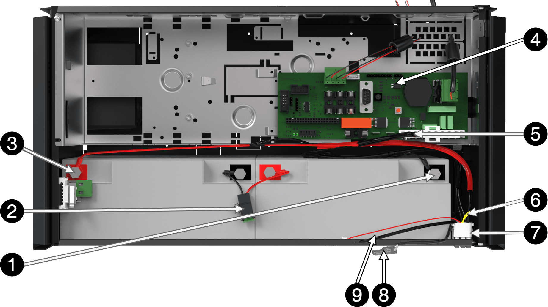 Connection of batteries in FLX M. Motherboards may differ depending on the configuration, but connection of batteries takes place in the same way.