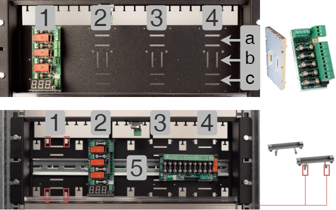 19 rack module holder med diverse kort montert.